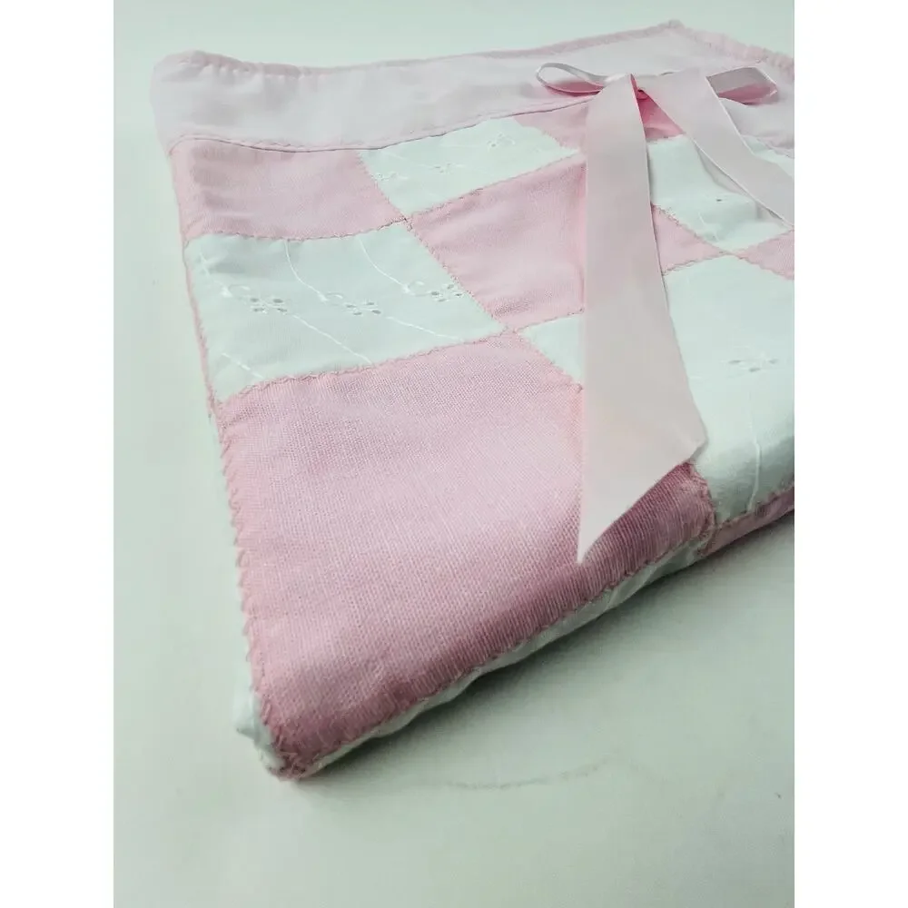 Pink Quilted Blanket Wall Hanging Handmade Country Cottage Baby Bow Eyelet Lace